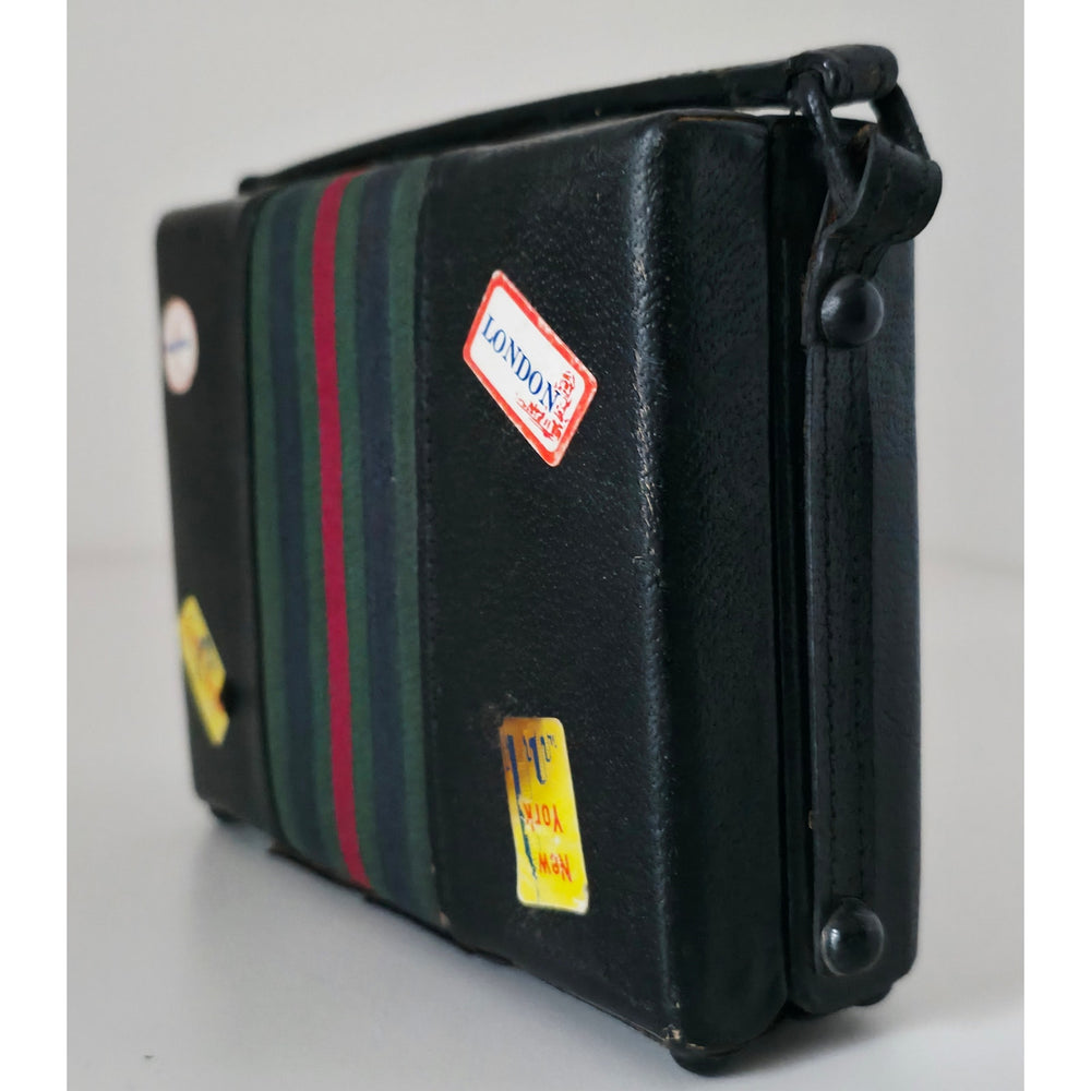VINTAGE 1970's Heritage Travel Clock Radio Black w/Red & Green Stripe Case