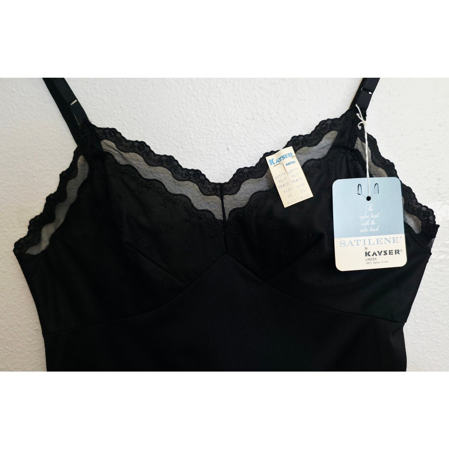 VINTAGE *NEW* 1960's Kayser Women's Black w/Lace Trim Slip Dress Size XS USA