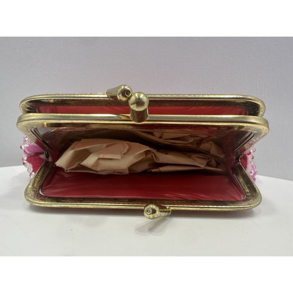 VINTAGE *NEW* 1970's Hand-Beaded 3-Section Change Purse in Pink/Red