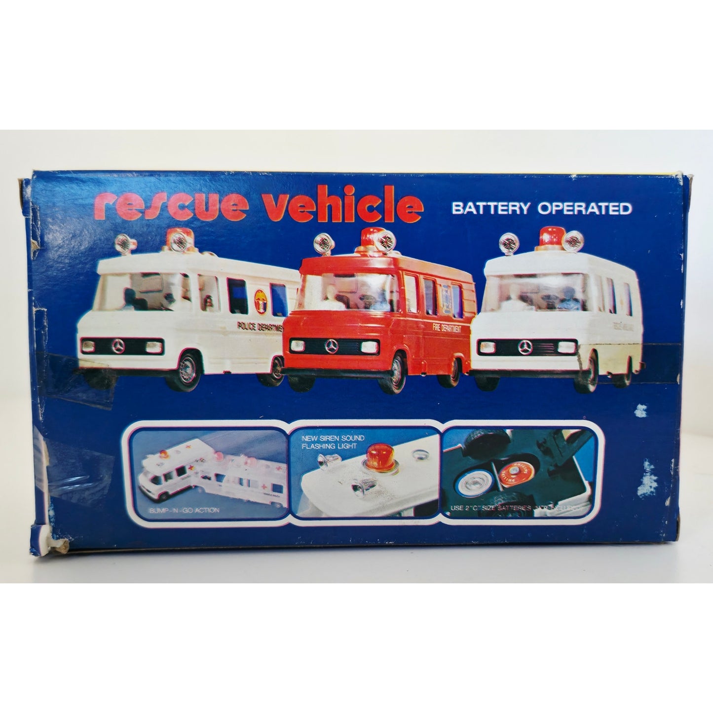 VINTAGE *NEW* 1980's Police Rescue Vehicle White With Siren Bump-n-Go Action