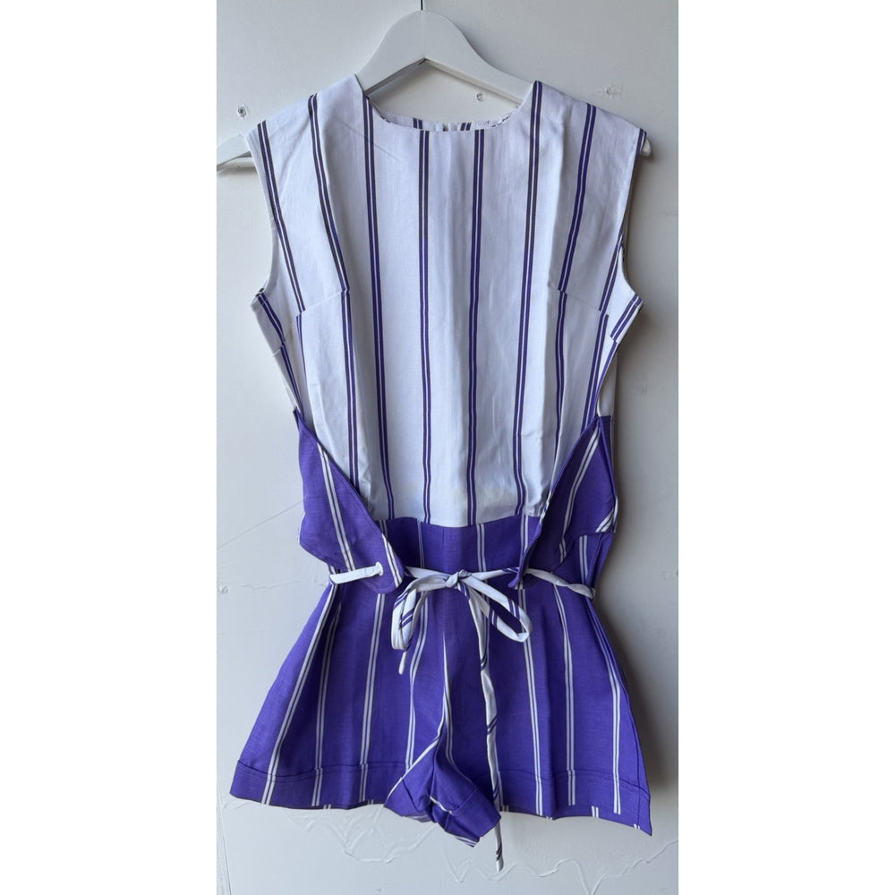 VINTAGE *NEW* 1960's Purple/White Striped Waist Tie Romper Size 14 (Fits like 6-8)