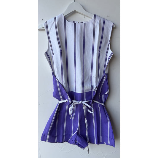 VINTAGE *NEW* 1960's Purple/White Striped Waist Tie Romper Size 14 (Fits like 6-8)