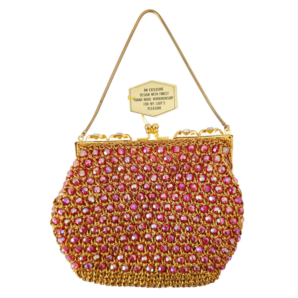 VINTAGE *NEW* 1960's Hand-Made Fancy Beaded Purse Pink with Gold Strap