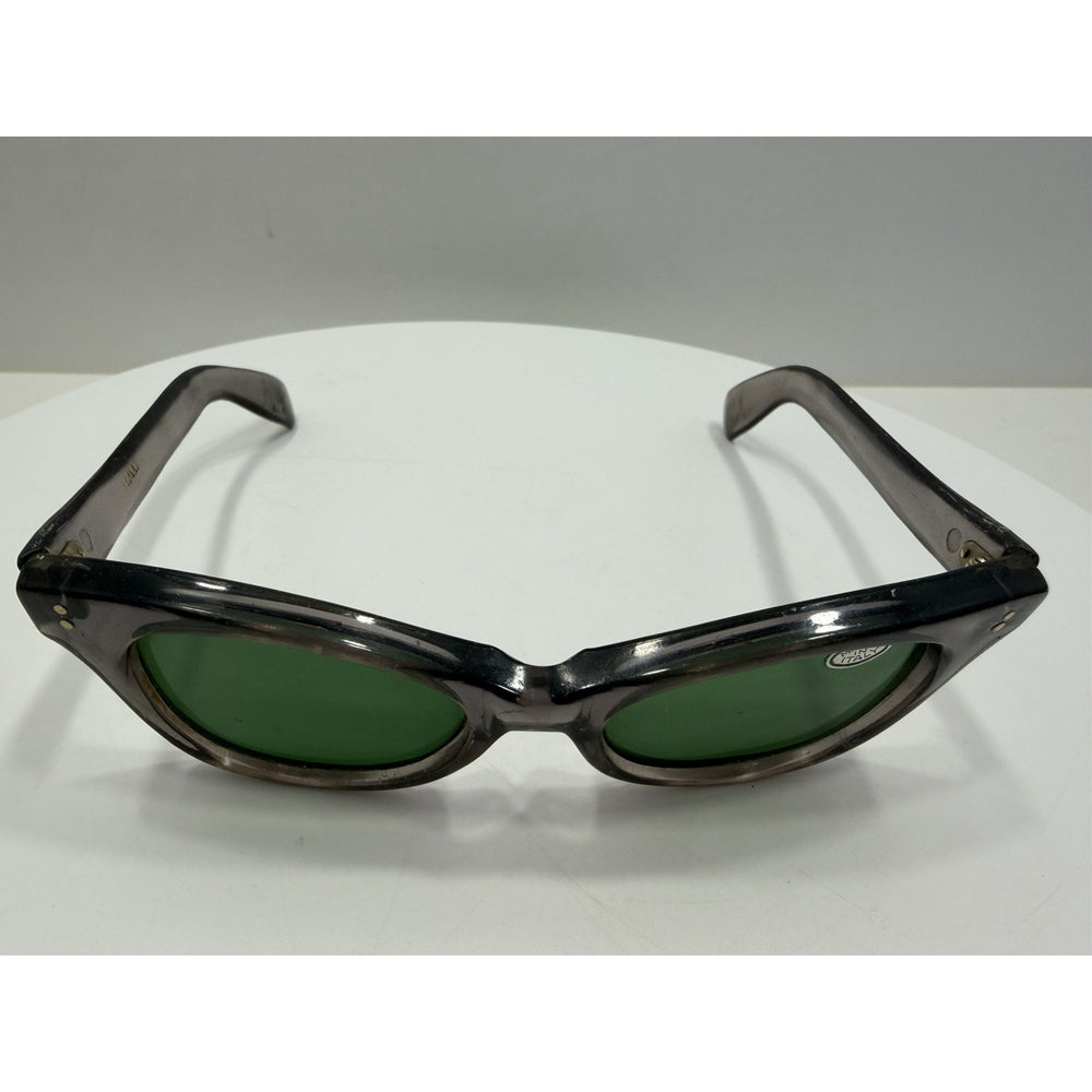 VINTAGE *NEW* 1960's Glam Unisex Sunglasses Gray Rnd Frame/Green Lens ITALY