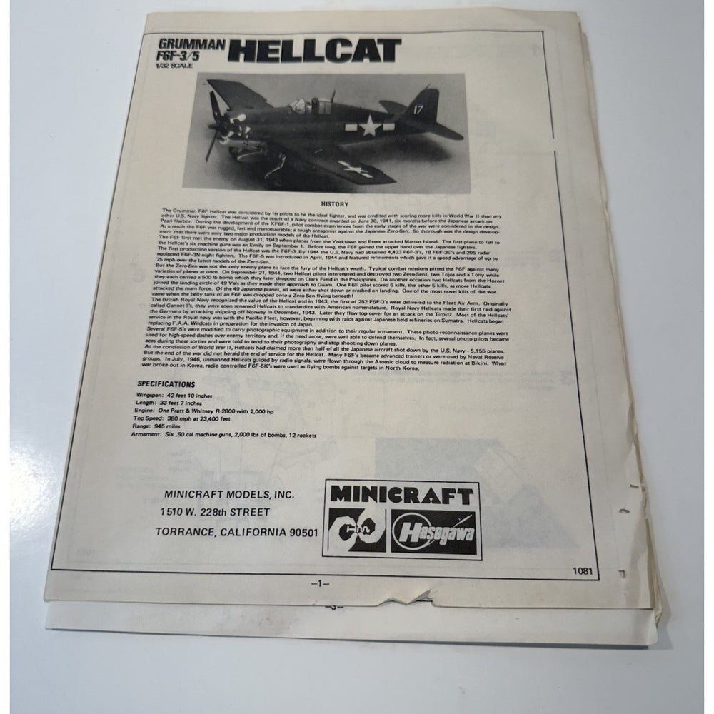 VINTAGE *NEW* Hasegawa Grumman Hellcat F6F-3/5 1:32 Model 1081