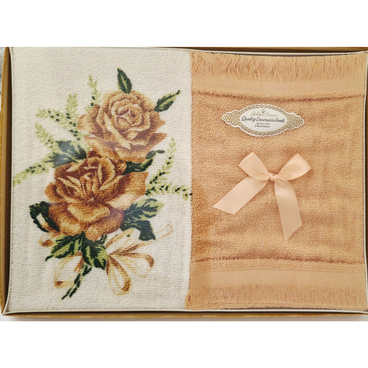 VINTAGE *NEW* 1960's Golden Crown Decorative Guest Towels Brown with Flowers Set of 2