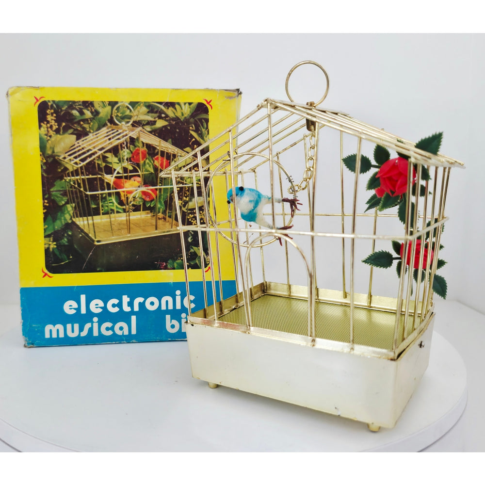 VINTAGE *NEW* 1960's Blue Electronic Musical Bird in Cage Battery Operated