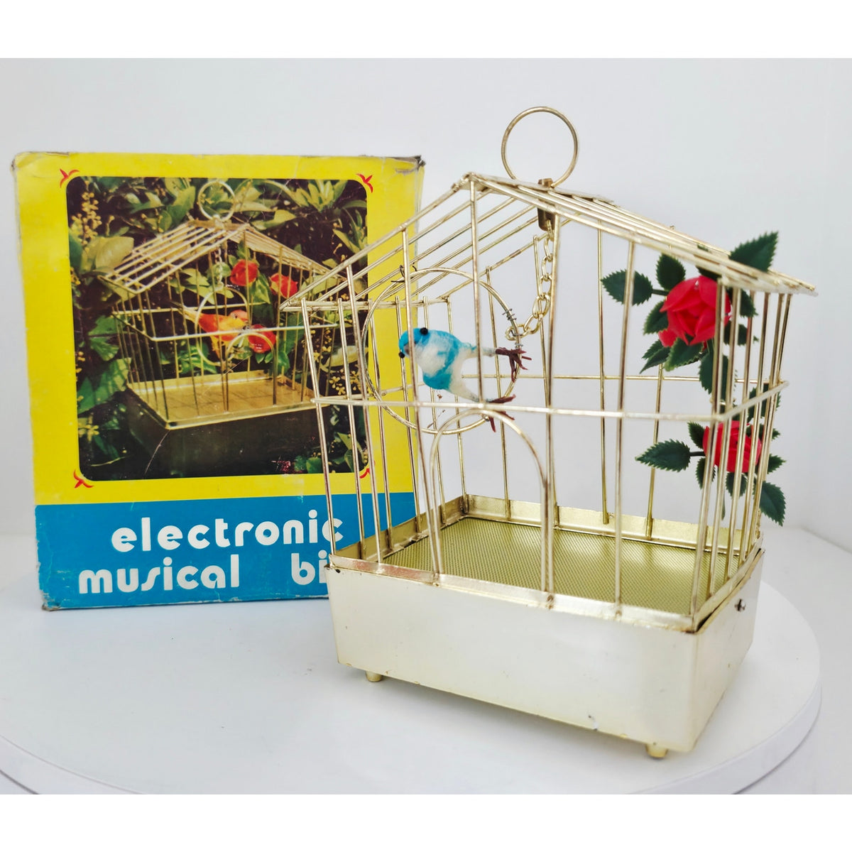 VINTAGE *NEW* 1960's Blue Electronic Musical Bird in Cage Battery Operated