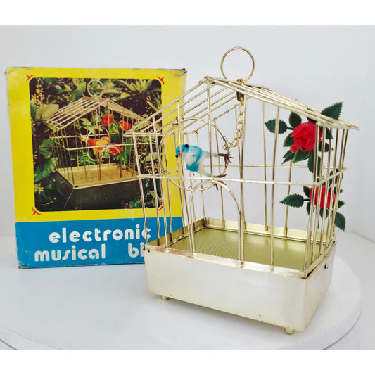 VINTAGE *NEW* 1960's Electronic Musical Blue Bird in Cage Battery Operated