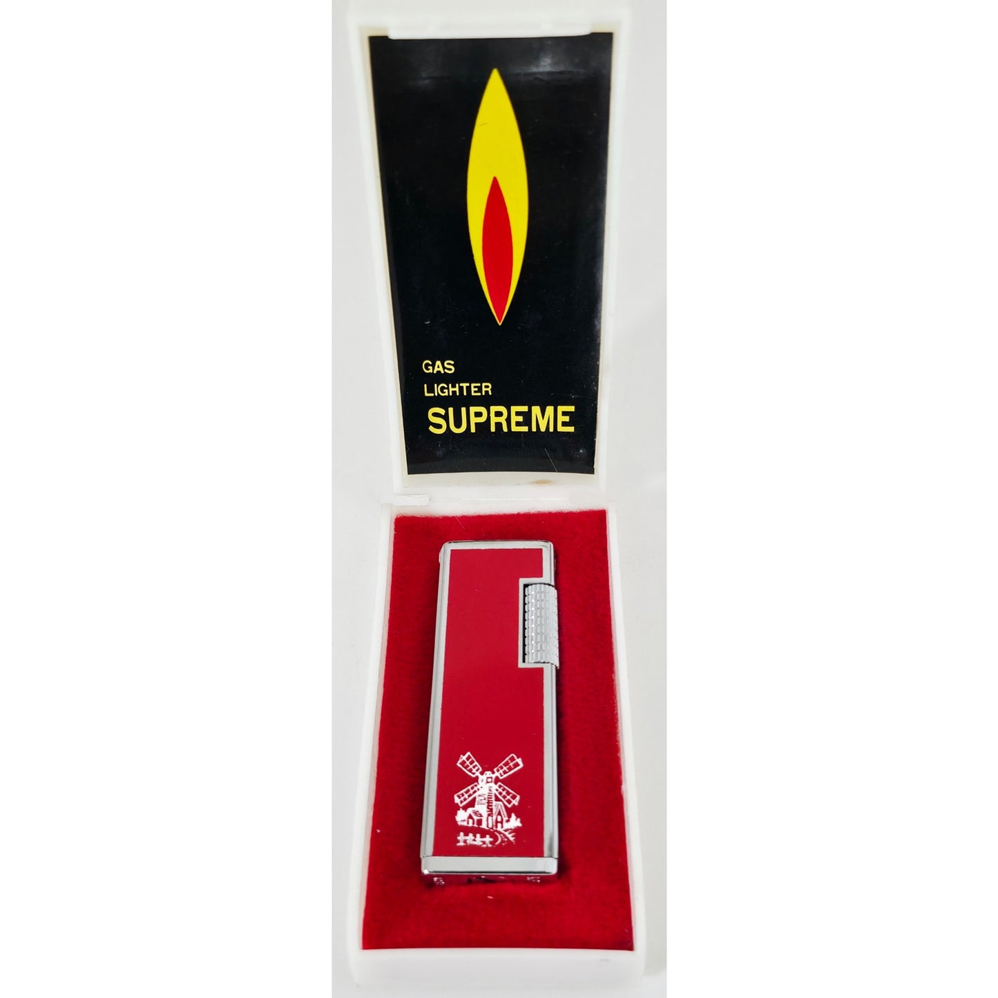 VINTAGE *NEW* 1960's Supreme Red Gas Lighter with Windmill in Original Box USA