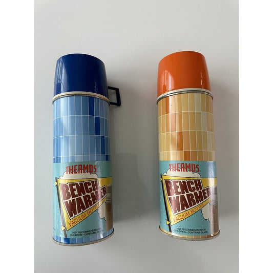 VINTAGE *NEW* 1970's SET of Blue & Orange Bench Warmer Thermoses #2210
