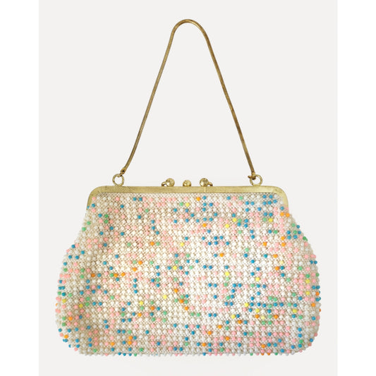 VINTAGE *NEW* 1960's Safco White Multicolor Fancy Beaded Purse with Strap