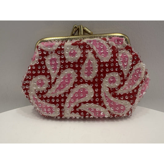 VINTAGE *NEW* 1970's Hand-Beaded 3-Section Change Purse in Pink/Red