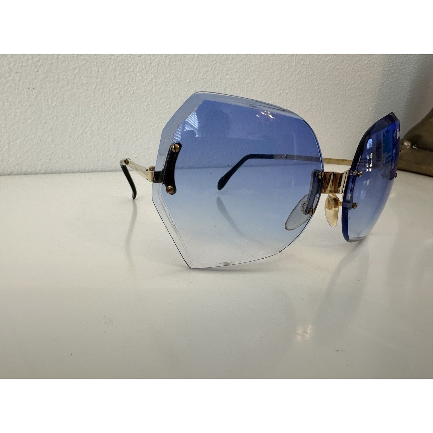 VINTAGE NEW 1970's Chrys Dior Gold Folding with Blue Lens Sunglasses & Case