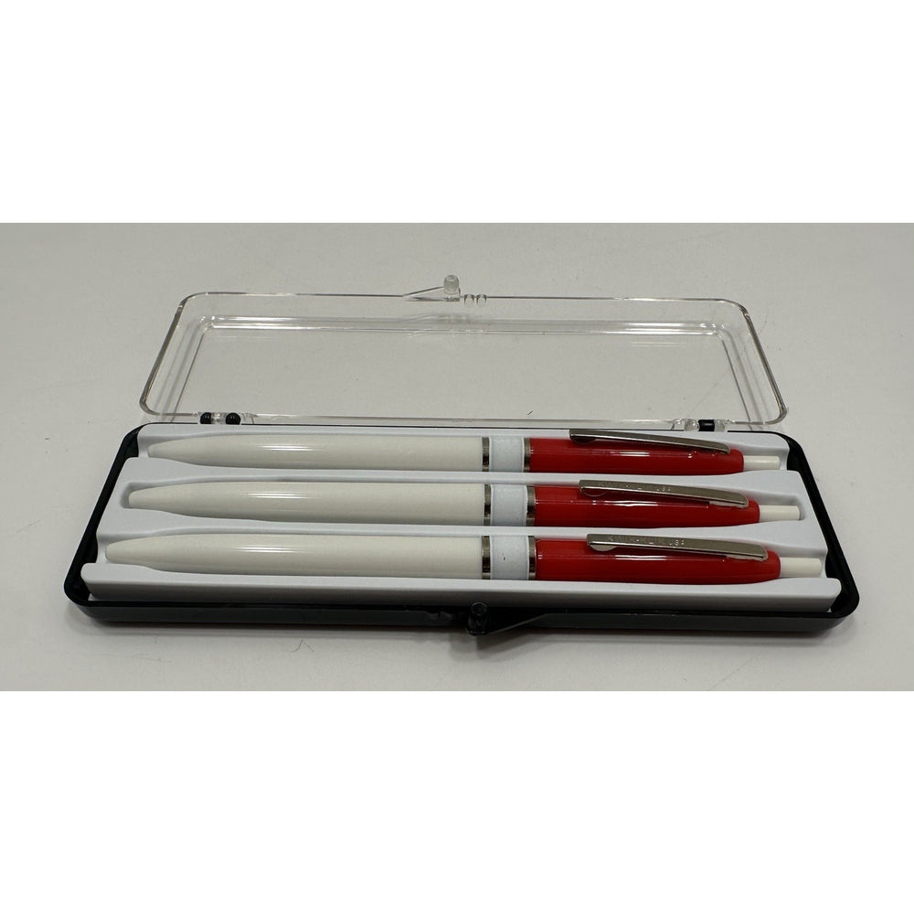 VINTAGE *NEW* Set of 3 Kwik Klik Ballpoint Pens in Case Red/White USA