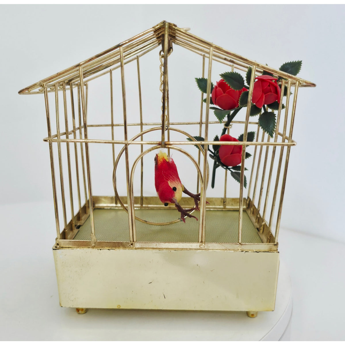 VINTAGE *PRISTINE* 1960's Red Electronic Musical Bird in Cage Battery Operated