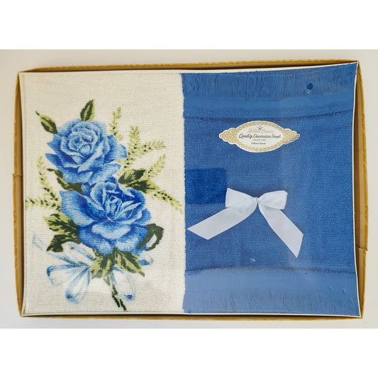 VINTAGE *NEW* 1960's Golden Crown Decorative Guest Towels Blue w/Flowers Set 2