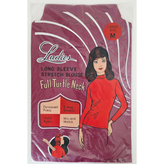 VINTAGE *NEW* 1970's Women's Maroon Thin Long Sleeve Mock Neck Stretch Top Size M