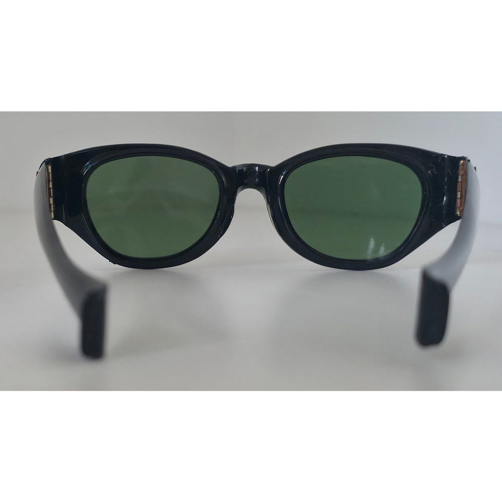 VINTAGE *NEW* 1970's Unisex Sunglasses Black Oval Frame Green Lens