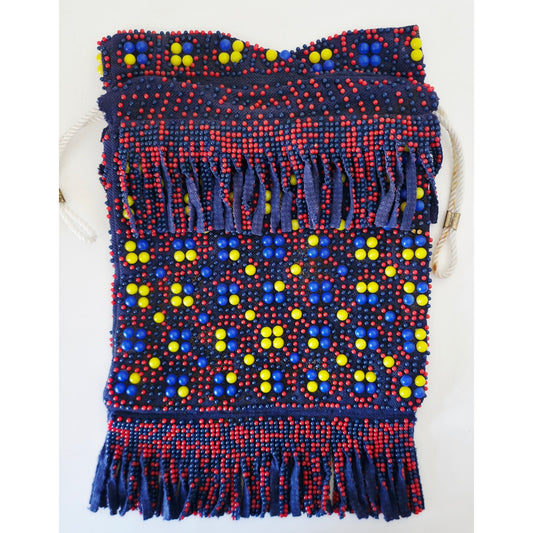 VINTAGE *NEW* 1960's Multicolor Beaded Drawstring Cinch Purse with Fringe