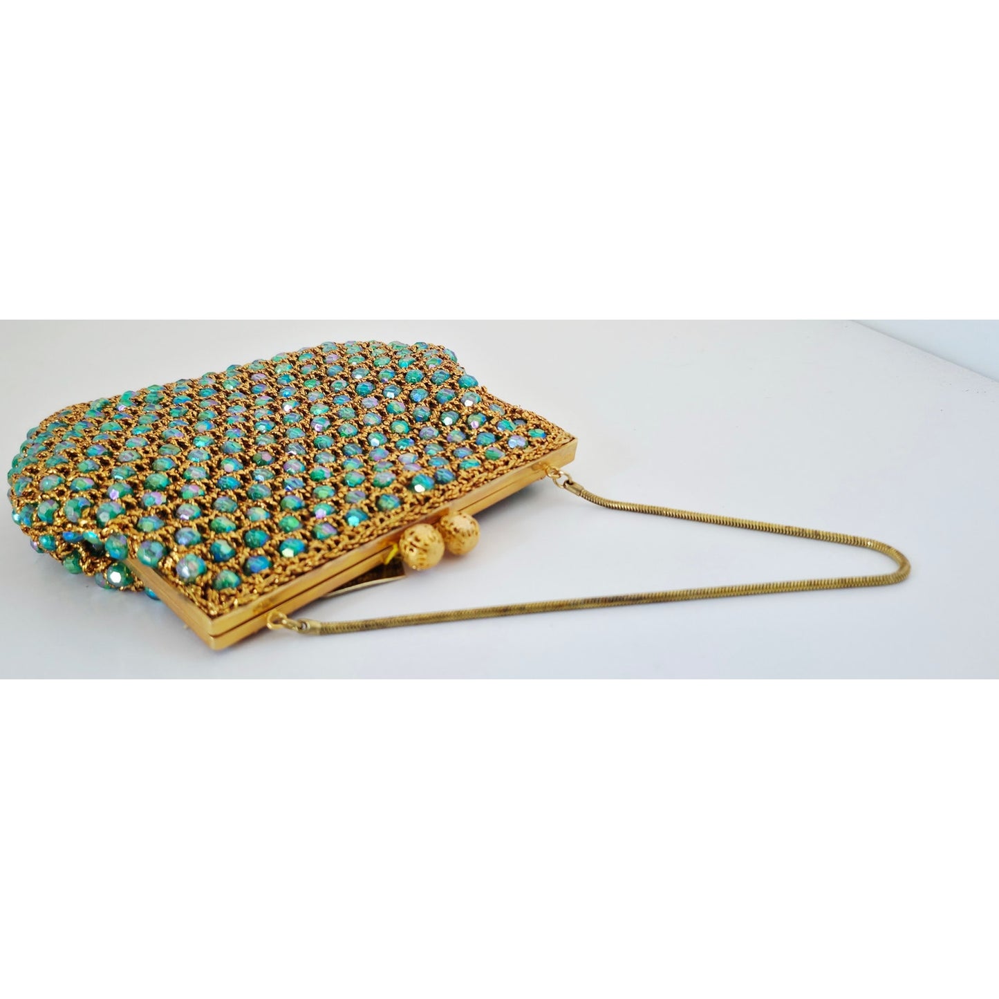 VINTAGE *NEW* 1960's Hand-Made Fancy Beaded Green/Blue Purse with Gold Strap