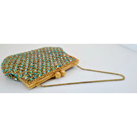 VINTAGE *NEW* 1960's Hand-Made Fancy Beaded Green/Blue Purse with Gold Strap