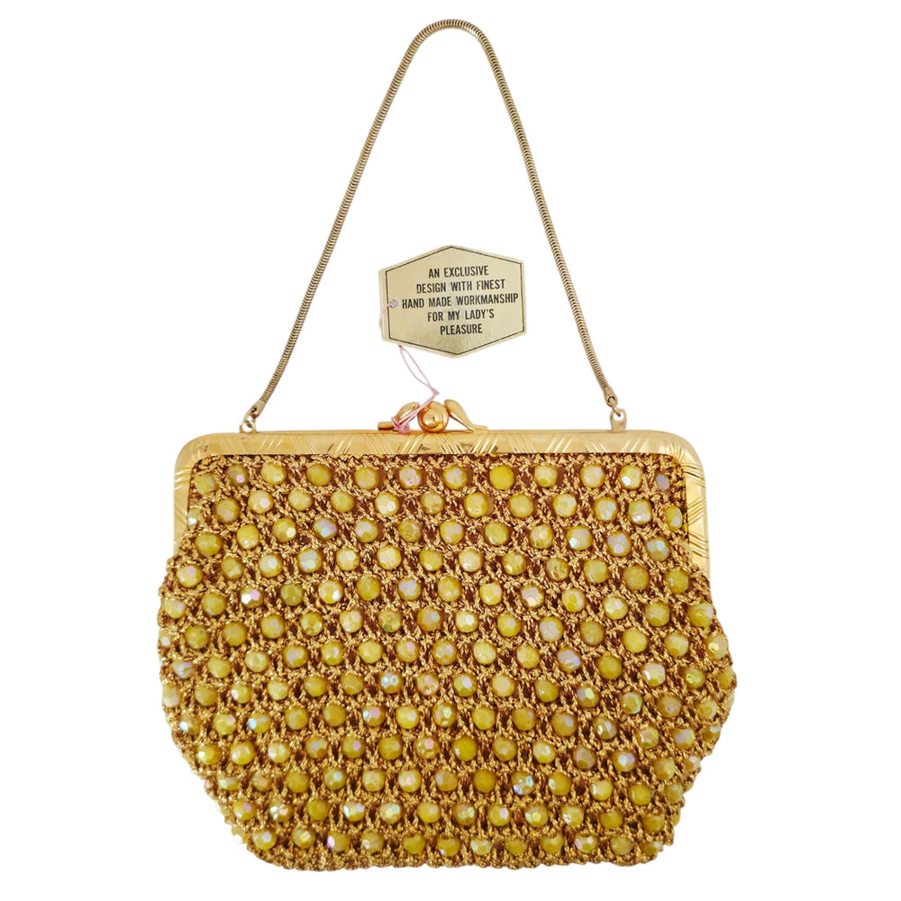 VINTAGE *NEW* 1960's Hand-Made Fancy Beaded Purse Yellow with Gold Strap