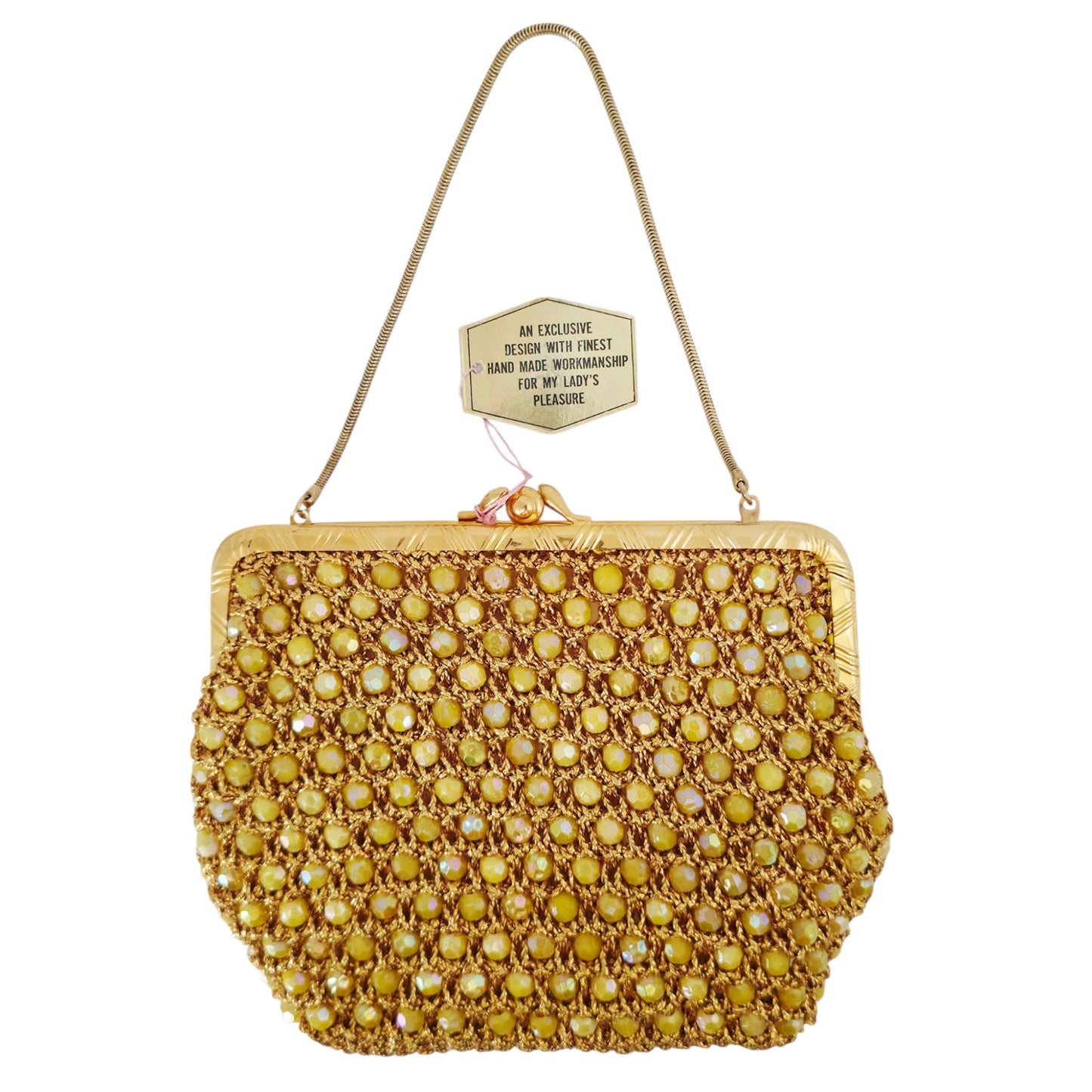 VINTAGE *NEW* 1960's Hand-Made Fancy Beaded Purse Yellow with Gold Strap