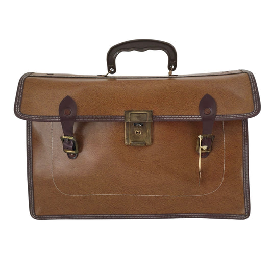 VINTAGE *NEW* 1970's Brown Vinyl Briefcase w/Key Lock Portfolio Bag