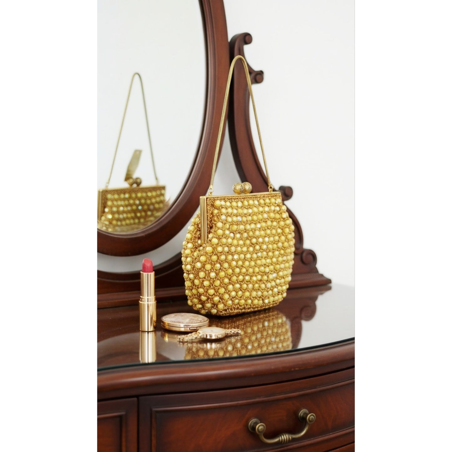 VINTAGE *NEW* 1960's Hand-Made Fancy Beaded Purse Yellow with Bronze Strap