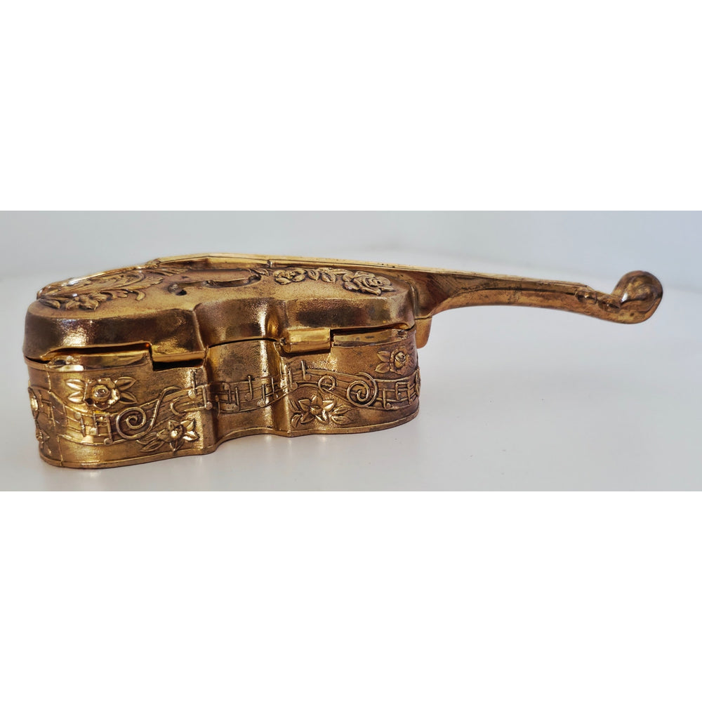 VINTAGE *NEW* 1970's Heavy Brass Guitar Jewelry Box with Floral Design
