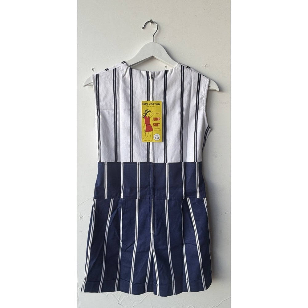 VINTAGE *NEW* 1960's Blue/White Striped Waist Tie Romper Size 12