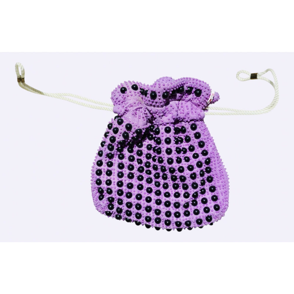 VINTAGE *NEW* 1960's Purple and Black Beaded Cinch Purse