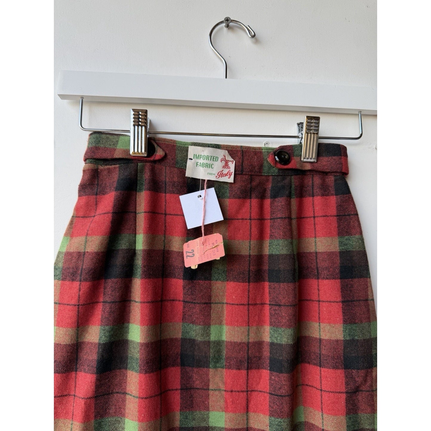 VINTAGE *NEW* 1960's Italian Red/Green Plaid Wool Mid Skirt