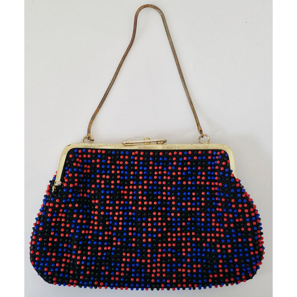 VINTAGE *NEW* 1960's Red and Blue Fancy Beaded Purse with Strap