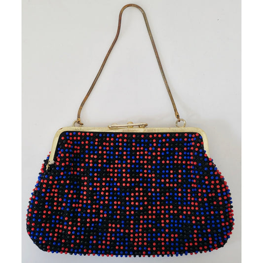VINTAGE *NEW* 1960's Red and Blue Fancy Beaded Purse with Strap