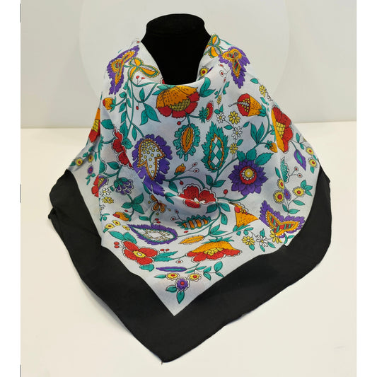 VINTAGE *NEW* 1950's Multicolor Print Scarf with Black Trim 31" x 31" Italy