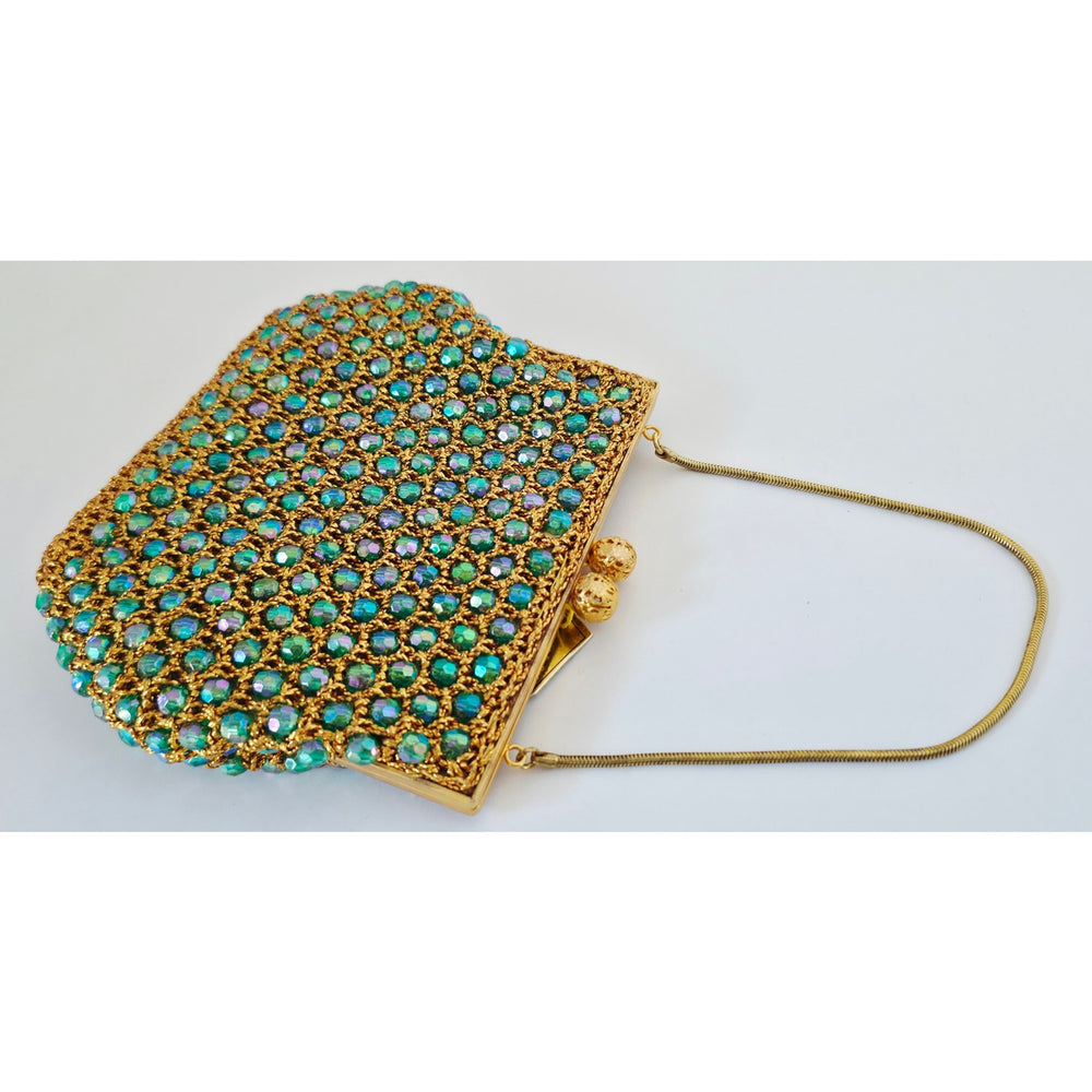 VINTAGE *NEW* 1960's Hand-Made Fancy Beaded Green/Blue Purse with Gold Strap
