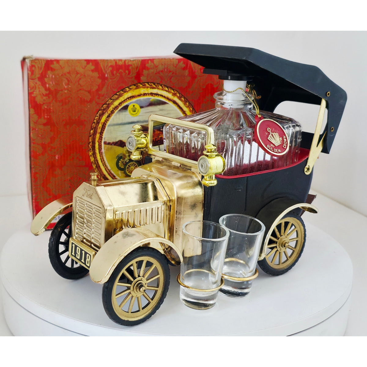 VINTAGE *PRISTINE* 1950's Decanter Music Box 1918 Ford Car w/4 Shot Glasses