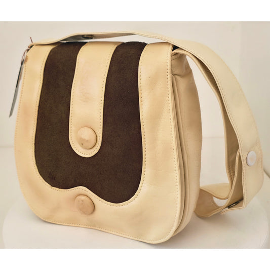 VINTAGE *NEW* 1970's Roger Van S Cream and Brown Purse with Adjustable Strap