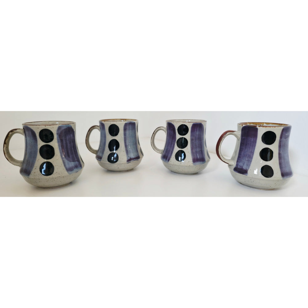VINTAGE *NEW* 1970's Blue and Cream Korean Hand-Painted Stonewware Mugs Set of 4