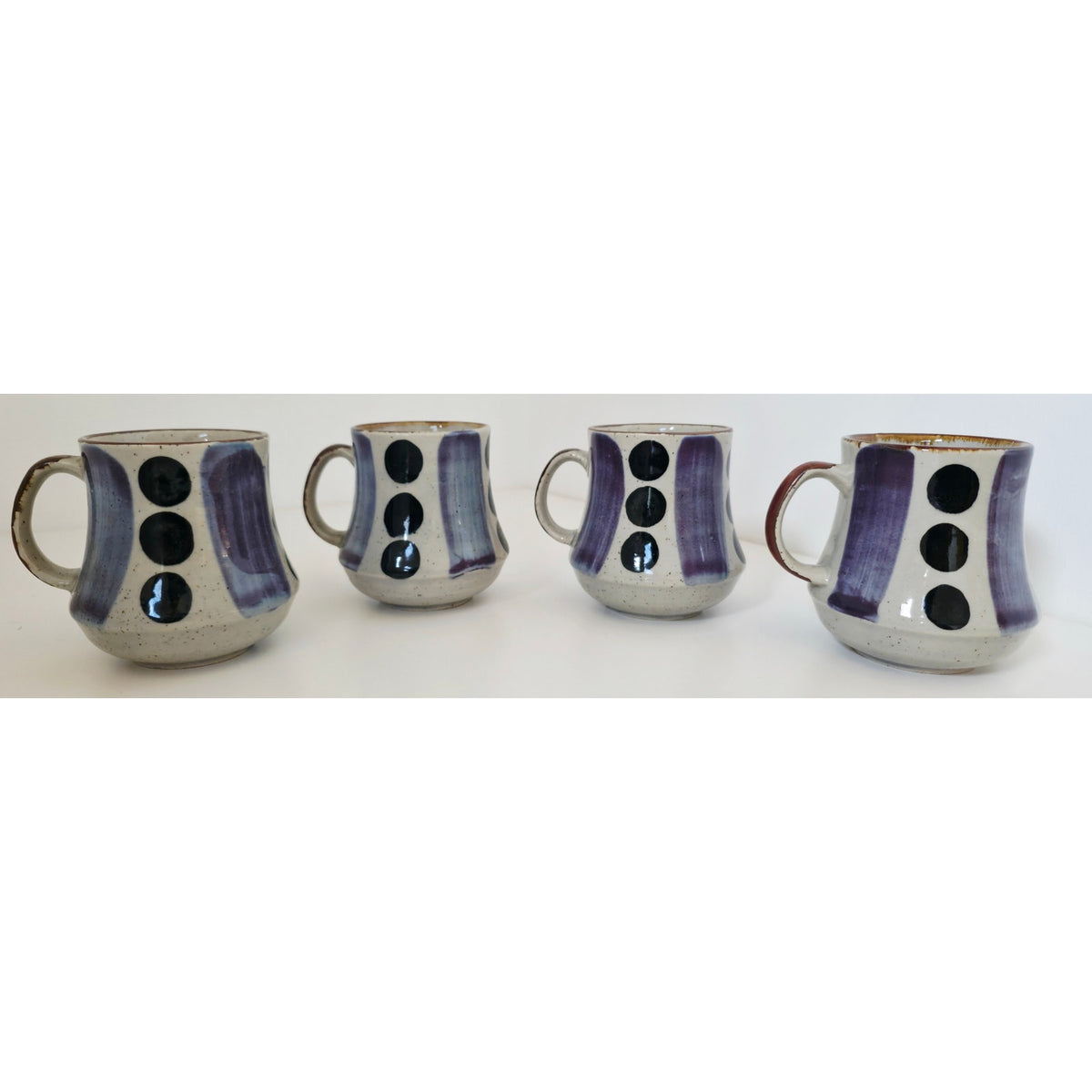 VINTAGE *NEW* 1970's Blue and Cream Korean Hand-Painted Stonewware Mugs Set of 4