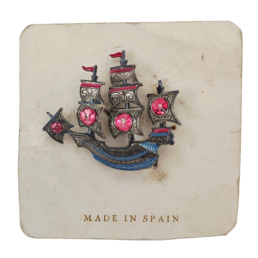 VINTAGE 'NEW' 1950's Spanish Damascene Toledo Brooch Pink & Blue Sailboat
