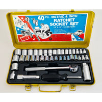 VINTAGE *NEW* 1970's 40 Piece Metric and Inch Rachet Socket Set Triple Chrome