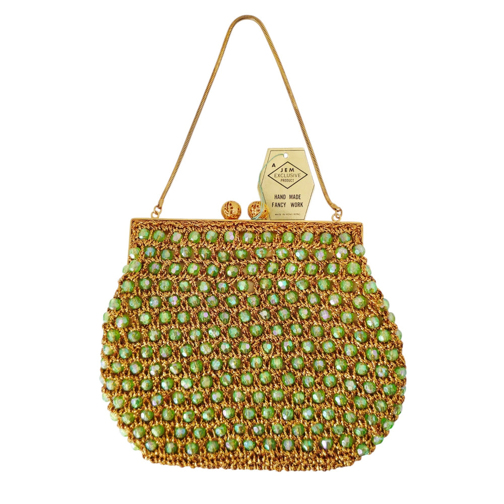 VINTAGE *NEW* 1960's Hand-Made Fancy Beaded Purse Green with Gold Strap