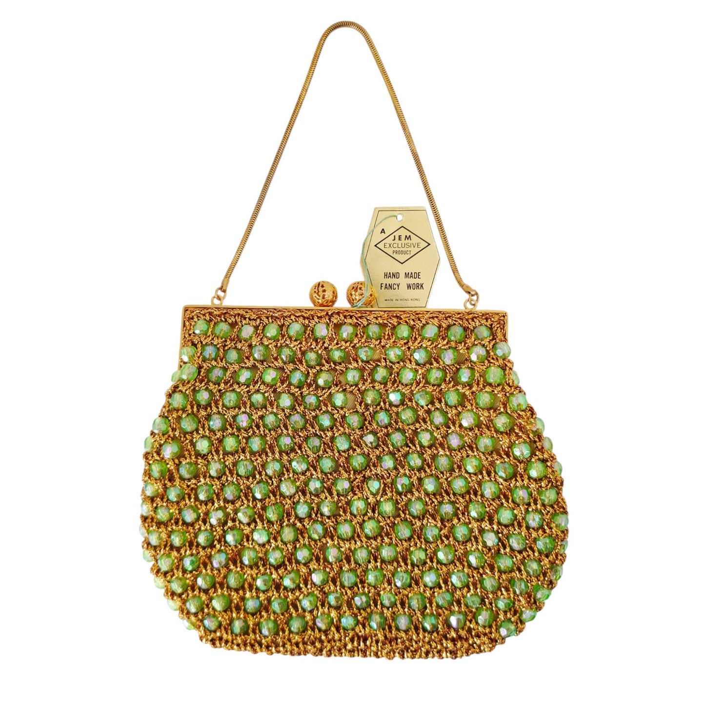 VINTAGE *NEW* 1960's Hand-Made Fancy Beaded Purse Green with Gold Strap