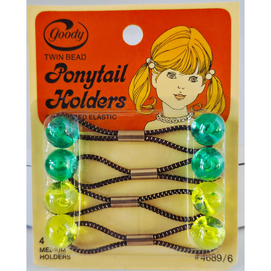 VINTAGE *NEW* 1975 Goody Twin Bead Ponytail Holders 2 Green & 2 Yellow Pack of 4 #4689/6