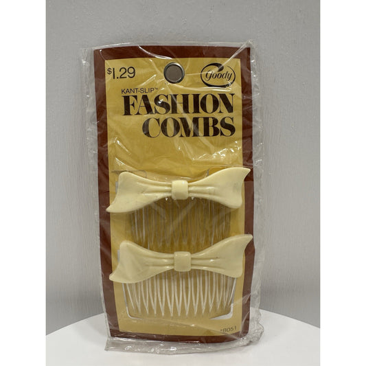 VINTAGE *NEW* 1975 Goody #8050 Kant-Slip Fashion Combs Bows Set of 2 - Cream
