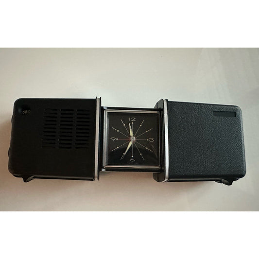 VINTAGE *NEW* 1960's/1970's Travel Clock Radio, Open/Shut Black Case