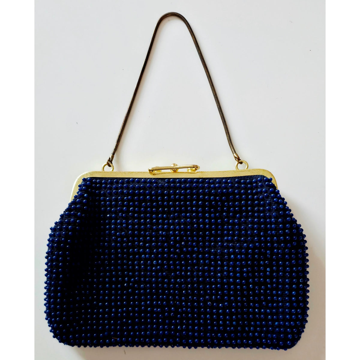 VINTAGE *NEW* 1960's Fancy Beaded Purse Blue with Bronze Strap